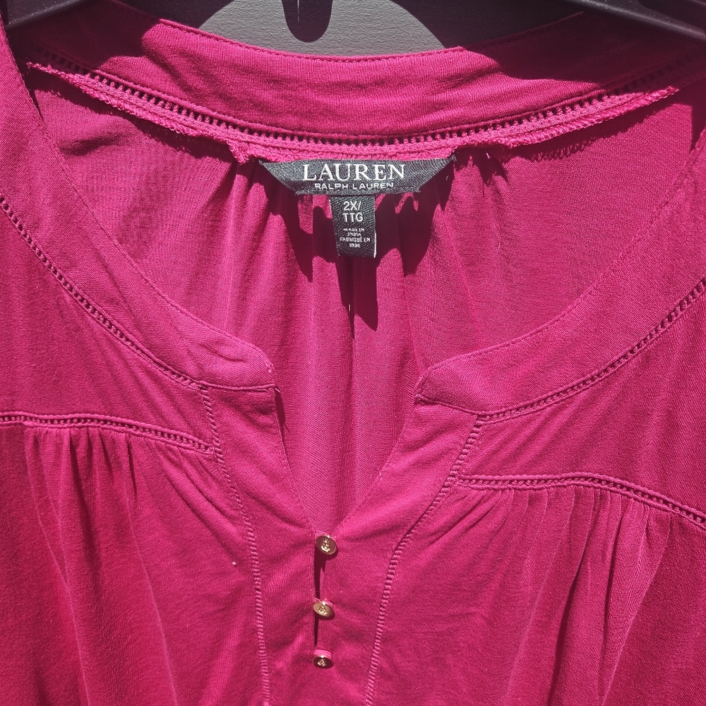 Ralph Lauren Pink Gold Buttoned Ruched Blouse 2X Cotton Lightweight